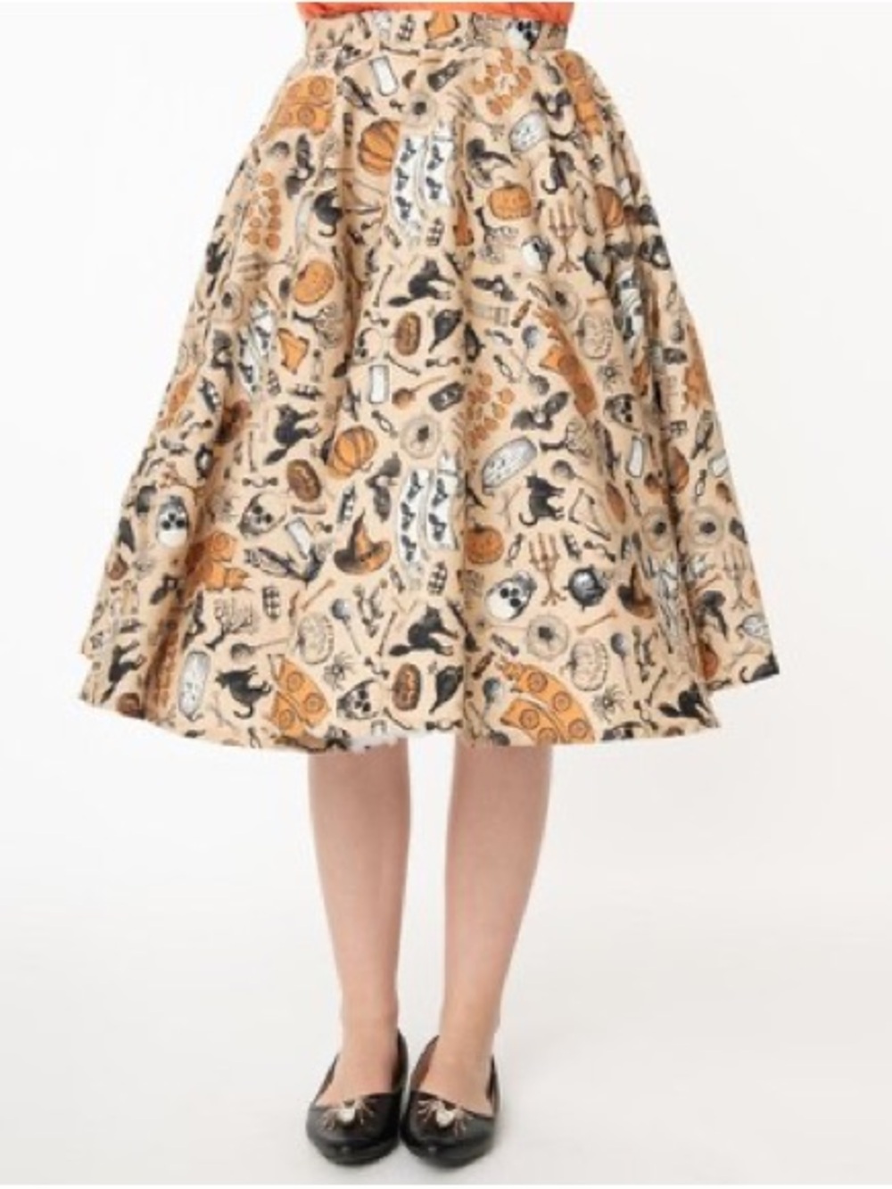 Unique Vintage Beige Circle Skirt with Pockets Orange & Black Spooky Print Witch